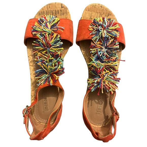 BCBG MAX AZRIA Women's Delfina Pom-pom Orange Leather T-strap Sandals Size 36.5 - Picture 3 of 6